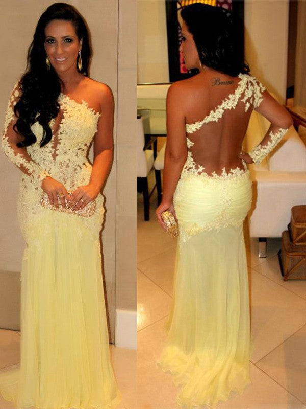 Sheath/Column One-Shoulder Applique Long Sleeves Chiffon Prom Dresses