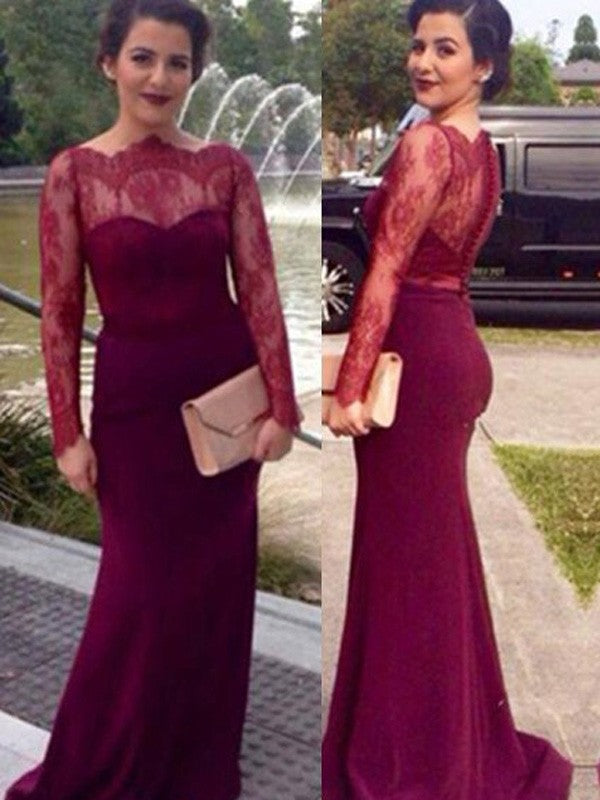 Sheath/Column Scoop Long Sleeves Lace Floor-Length Chiffon Prom Dresses