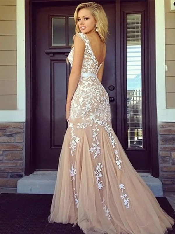 Sheath/Column Sleeveless Bateau Tulle Applique Floor-Length Prom Dresses