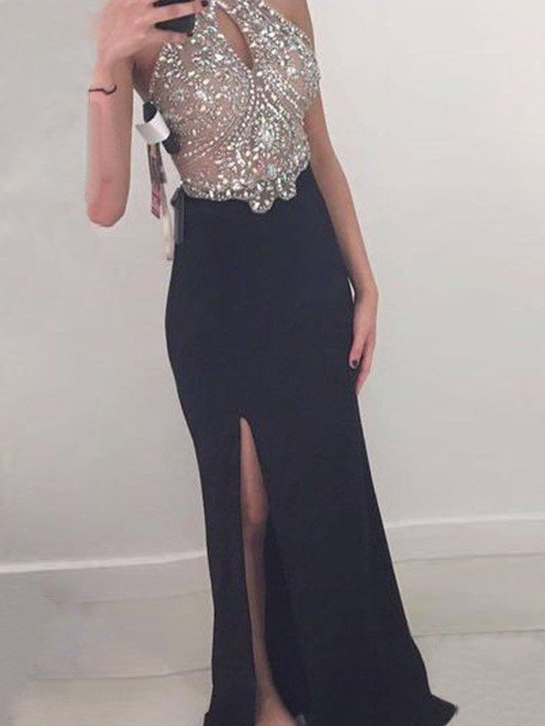 Sheath/Column Sleeveless Halter Beading Floor-Length Jersey Prom Dresses