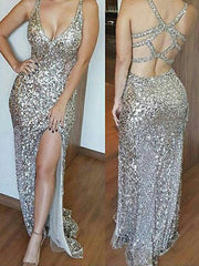 Sheath/Column Sleeveless V-neck Sequins Prom Dresses