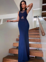 Sheath/Column Spandex Sleeveless Applique Scoop Prom Dresses