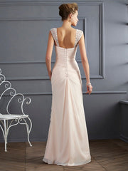 Sheath/Column Straps Sleeveless Beading Long Chiffon Prom Dresses