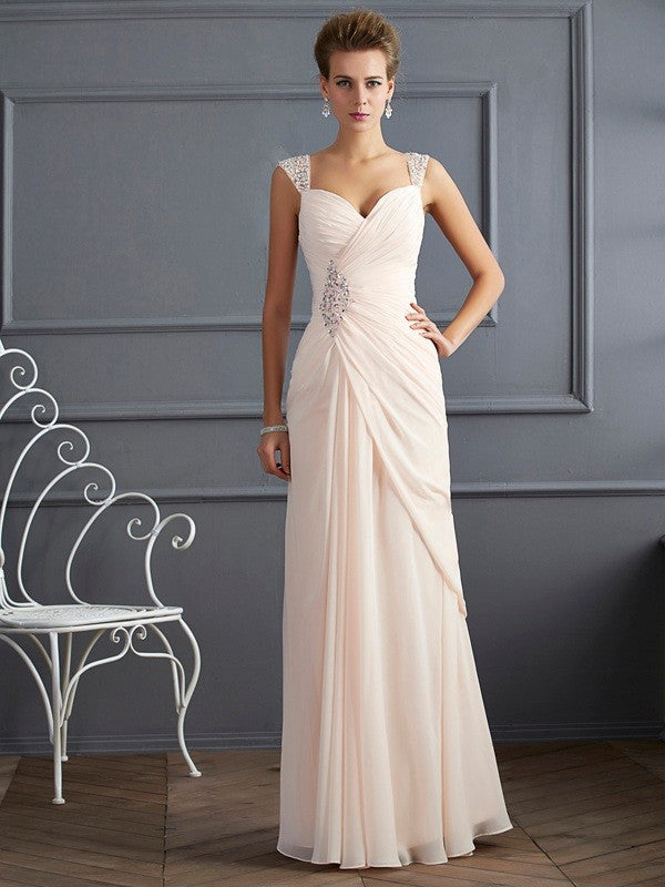 Sheath/Column Straps Sleeveless Beading Long Chiffon Prom Dresses