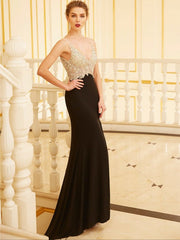 Sheath/Column V-neck Beading Sleeveless Spandex Prom Dresses