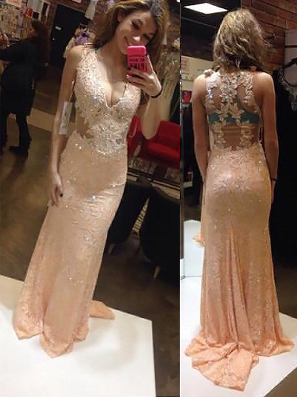 Sheath/Column V-neck Sleeveless Applique Satin Prom Dresses