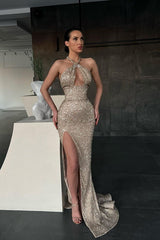 Shiny Halter Slim Prom Dress with Side Split & Sweep Train-misshow.com