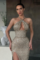 Shiny Halter Slim Prom Dress with Side Split & Sweep Train-misshow.com