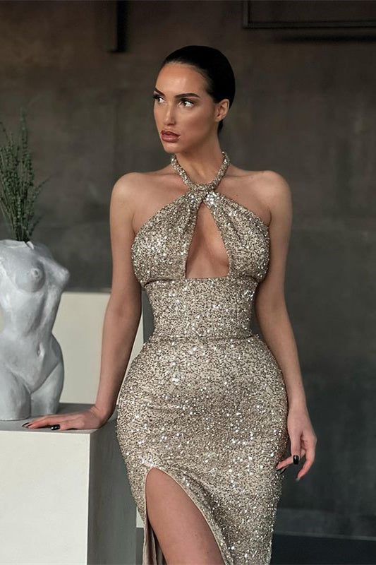 Shiny Halter Slim Prom Dress with Side Split & Sweep Train-misshow.com