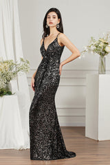 Shiny Sequins Spaghetti Straps V-neck Floor-length Mermaid Bridesmaid/Prom Dress-misshow.com