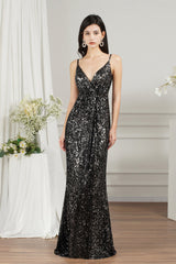 Shiny Sequins Spaghetti Straps V-neck Floor-length Mermaid Bridesmaid/Prom Dress-misshow.com