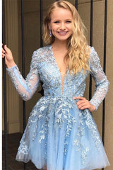 Short A-Line Lace Applique V-neck Long Sleeves Prom Dresses-misshow.com