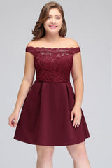 Looking for plussizedress in Lace, A-line style, and Gorgeous Lace work  MISSHOW has all covered on this elegant Short A-Line Off-Shoulder  Lace Burgundy Chiffon Plus size Cocktail Dresses.