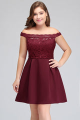 Looking for plussizedress in Lace, A-line style, and Gorgeous Lace work  MISSHOW has all covered on this elegant Short A-Line Off-Shoulder  Lace Burgundy Chiffon Plus size Cocktail Dresses.