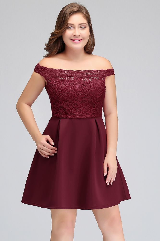 Looking for plussizedress in Lace, A-line style, and Gorgeous Lace work  MISSHOW has all covered on this elegant Short A-Line Off-Shoulder  Lace Burgundy Chiffon Plus size Cocktail Dresses.