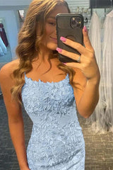 Short Column Blue Lace Spaghetti Straps Sleeveless Prom Dresses-misshow.com