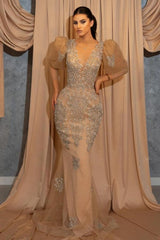 Short Puffy Sleeves V-neck Appliques Lace Floor-length Mermaid Prom Dress-misshow.com