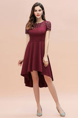 Looking for Prom Dresses,Evening Dresses,Homecoming Dresses,Mother Daughter Dresses in 100D Chiffon,Sequined,Lace, A-line style, and Gorgeous Lace work  MISSHOW has all covered on this elegant Short Sleeve Sequin Hi-Lo Cocktail Party Dress Burgundy Aline Daily Casual Dress.