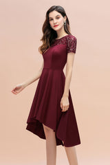 Looking for Prom Dresses,Evening Dresses,Homecoming Dresses,Mother Daughter Dresses in 100D Chiffon,Sequined,Lace, A-line style, and Gorgeous Lace work  MISSHOW has all covered on this elegant Short Sleeve Sequin Hi-Lo Cocktail Party Dress Burgundy Aline Daily Casual Dress.