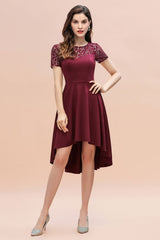 Looking for Prom Dresses,Evening Dresses,Homecoming Dresses,Mother Daughter Dresses in 100D Chiffon,Sequined,Lace, A-line style, and Gorgeous Lace work  MISSHOW has all covered on this elegant Short Sleeve Sequin Hi-Lo Cocktail Party Dress Burgundy Aline Daily Casual Dress.