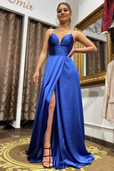 Simple A-line Long Blue Split Front Straps Evening Dress-misshow.com