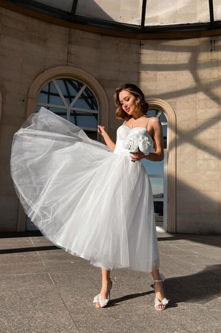 Simple A-Line Short Spaghetti Straps Tulle Wedding Dresses-misshow.com