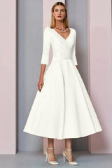 Simple A-line Short V-Neck Long Sleeves Satin Wedding Dresses-misshow.com