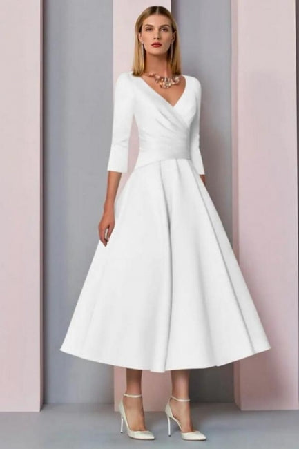 Simple A-line Short V-Neck Long Sleeves Satin Wedding Dresses-misshow.com