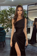 Simple Black Long One Shoulder Slit Mermaid Prom Dresses-misshow.com