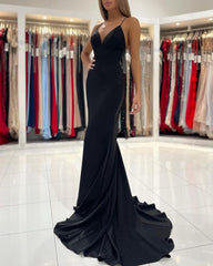 Simple Black Long Spaghetti Straps Mermaid Prom Dresses-misshow.com