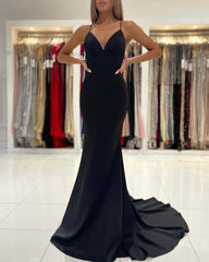 Simple Black Long Spaghetti Straps Mermaid Prom Dresses-misshow.com