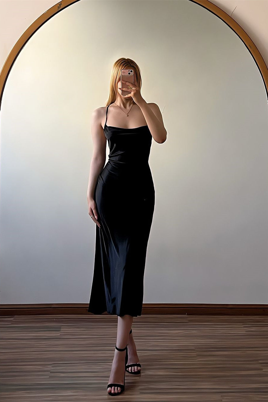 Simple Black Spaghetti Straps Satin Sleeveless Backless Prom Dress