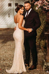 Simple Champagne Strapless Sequins Column Prom Dresses with Slit-misshow.com