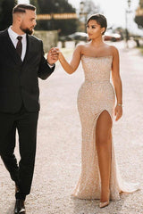 Simple Champagne Strapless Sequins Column Prom Dresses with Slit-misshow.com