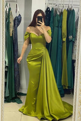 Simple Green Off-the-shoulder Satin Mermaid Evening Party Dresses Prom Dresses With Ruffles-misshow.com