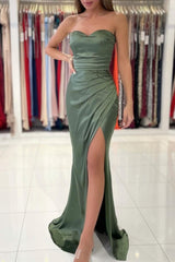 Simple Green Strapless Sleeveless Mermaid Elastic Woven Satin Floor-Length Prom Dresses-misshow.com