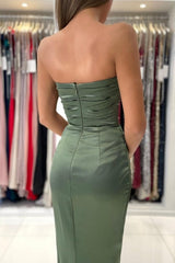 Simple Green Strapless Sleeveless Mermaid Elastic Woven Satin Floor-Length Prom Dresses-misshow.com