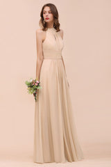 Simple Halter Champagne Slim Long Bridesmaid Dress-misshow.com