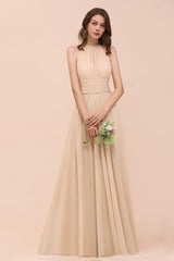 Simple Halter Champagne Slim Long Bridesmaid Dress-misshow.com