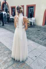 Simple Halter White Sleeveless A-line Tulle Wedding Dress-misshow.com