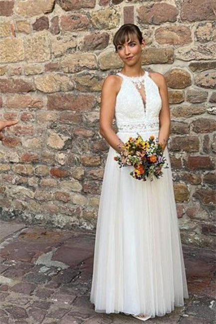 Simple Halter White Sleeveless A-line Tulle Wedding Dress-misshow.com