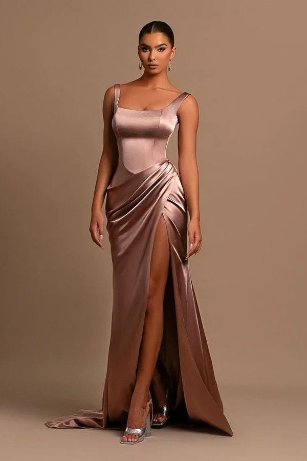 Simple Long A-line Straps Satin Sleeveless Prom Dress With Slit-misshow.com