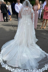 Simple Long A-Line V-neck Long Sleeves Wedding Dresses With Lace-misshow.com