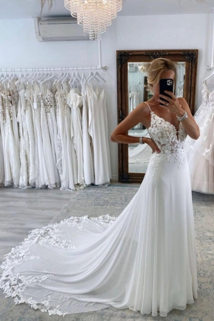 Simple Long A-line V-neck Spaghetti Straps Wedding Dresses With Lace-misshow.com