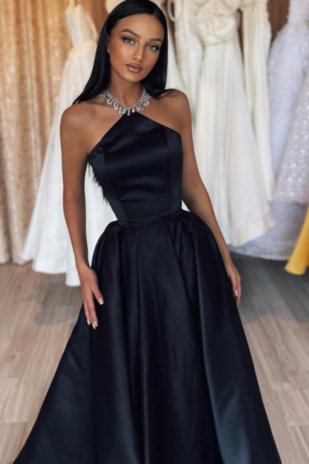 Simple Long Black A-line Halter Satin Sleeveless Prom Dress