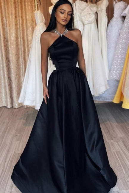 Simple Long Black A-line Halter Satin Sleeveless Prom Dress