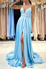 Simple Long Blue A-line V-neck Sleeveless Satin Evening Dress With Slit-misshow.com