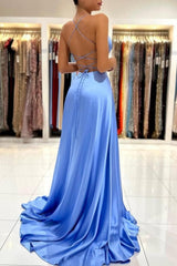 Simple Long Blue V-neck Spaghetti Straps Satin Evening Dresses With Slit-misshow.com