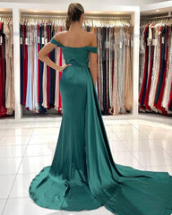 Simple Long Dark Green Off-the-shoulder Slit Mermaid Prom Dresses-misshow.com