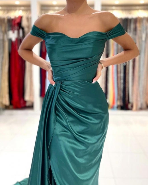 Simple Long Dark Green Off-the-shoulder Slit Mermaid Prom Dresses-misshow.com